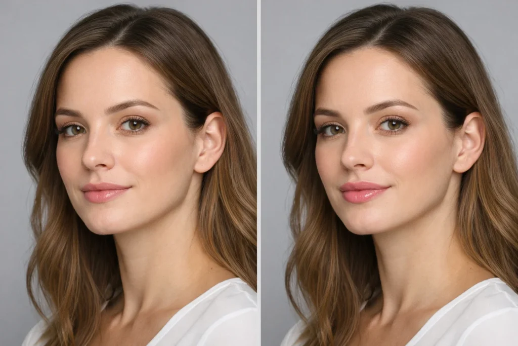 Before and after lip filler comparison in Mayfair showing natural volume enhancement and improved lip symmetry