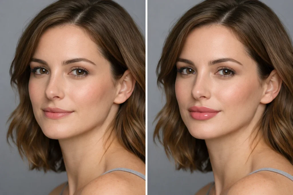 Before and after lip filler results in West End London showing natural volume enhancement and improved lip shape