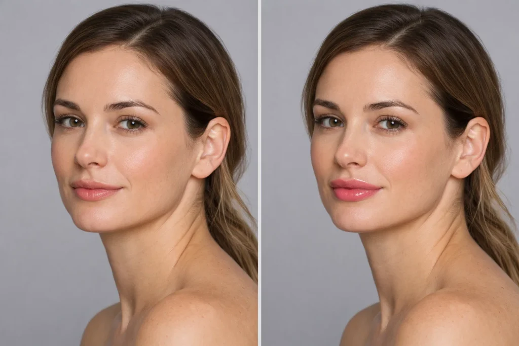 Before and after lip filler treatment comparison showing natural volume enhancement and improved lip definition.