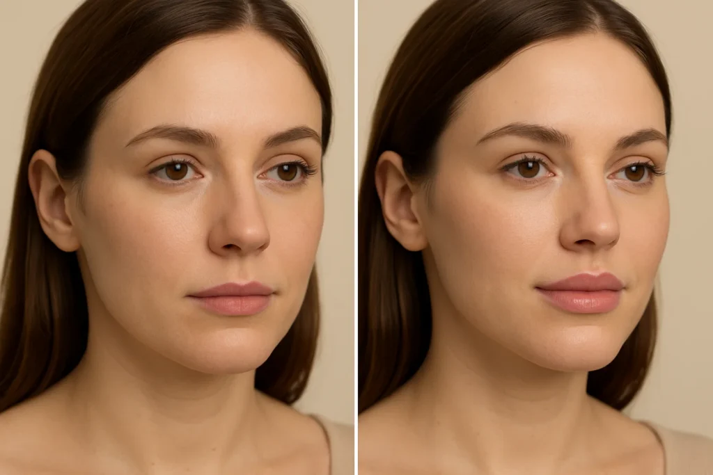 Before and after 0.5ml lip filler treatment showing subtle natural lip enhancement and improved definition