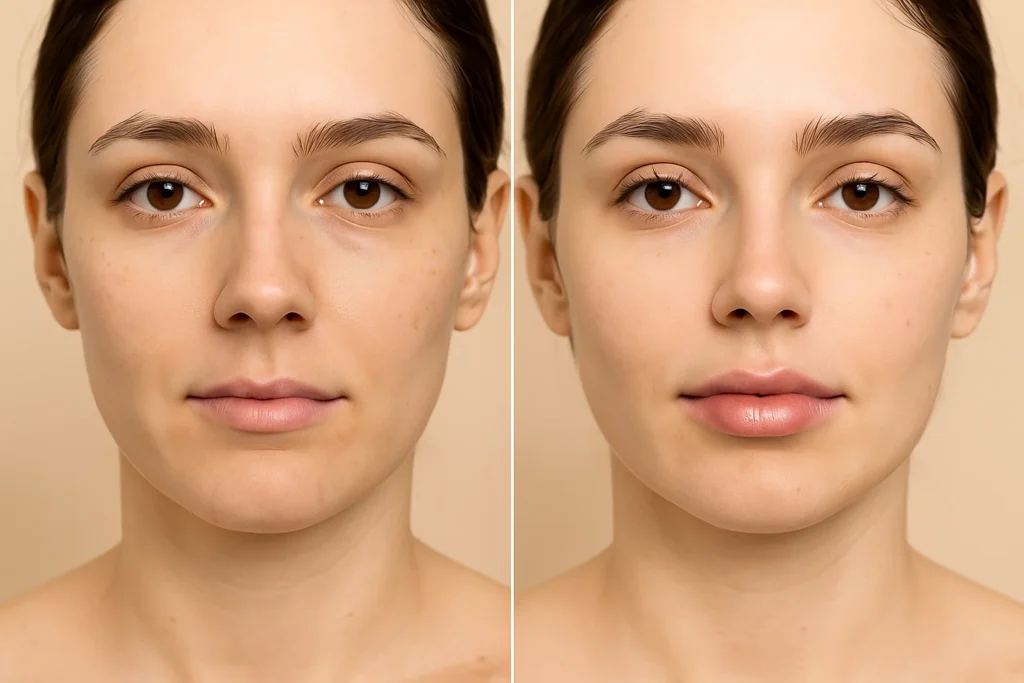 Side-by-side comparison of lips before and after 1ml filler treatment showing natural volume enhancement and definition