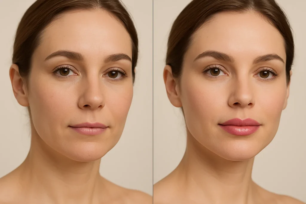 Before and after butterfly lip filler showing enhanced cupid's bow definition and refined lip contours on natural results