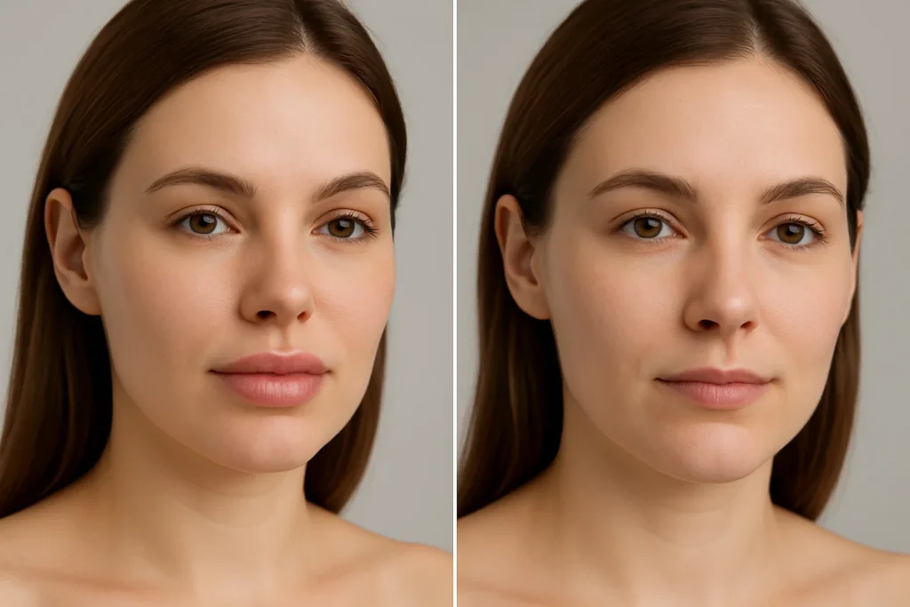 Two women side by side showing enhanced lips versus natural lips after filler dissolution, neutral gray background