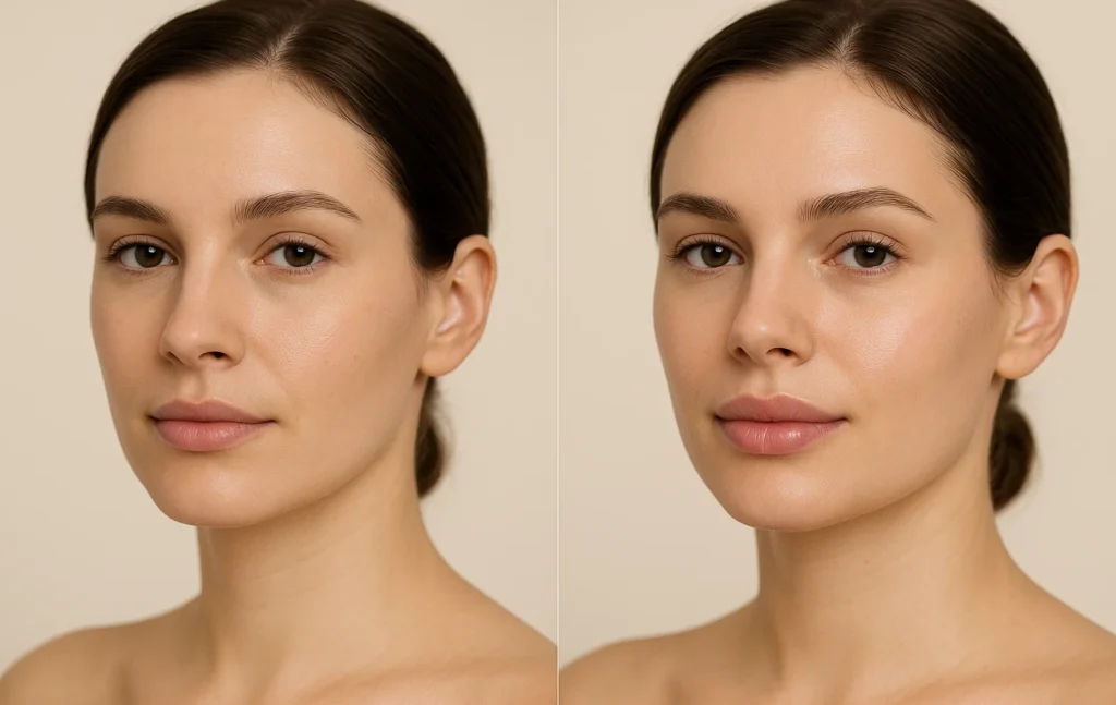 Woman showing natural lip enhancement results after Juvederm filler treatment with improved volume and definition