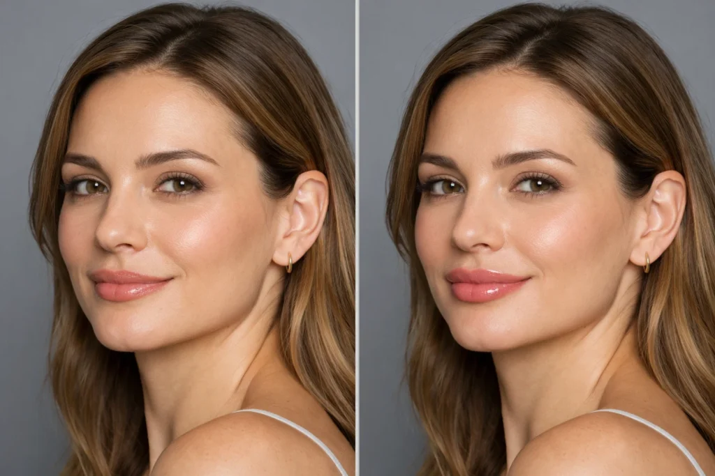 Side-by-side comparison of a woman before and after subtle lip filler treatment on a soft grey background.