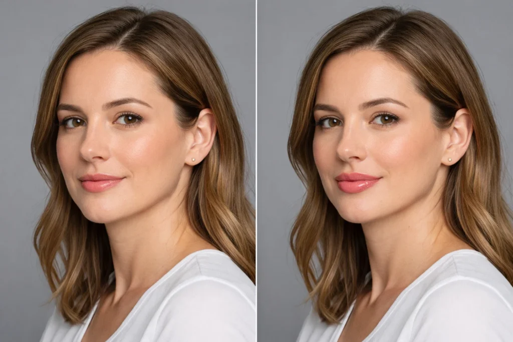 Before and after comparison showing natural lip enhancement results from dermal filler treatment.