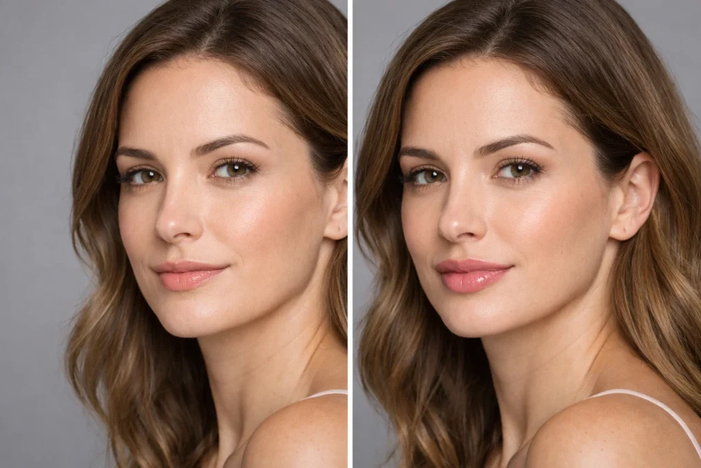 Before and after comparison of lip filler results showing natural volume enhancement and improved lip definition.