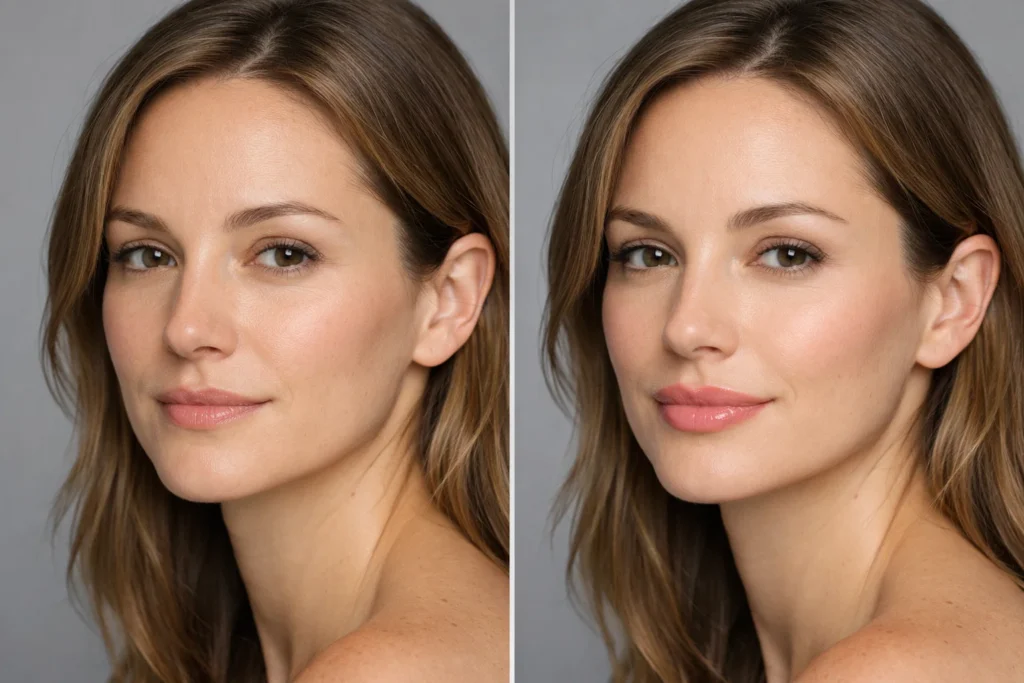 Before and after comparison of lip filler treatment results showing natural volume enhancement in South Kensington.