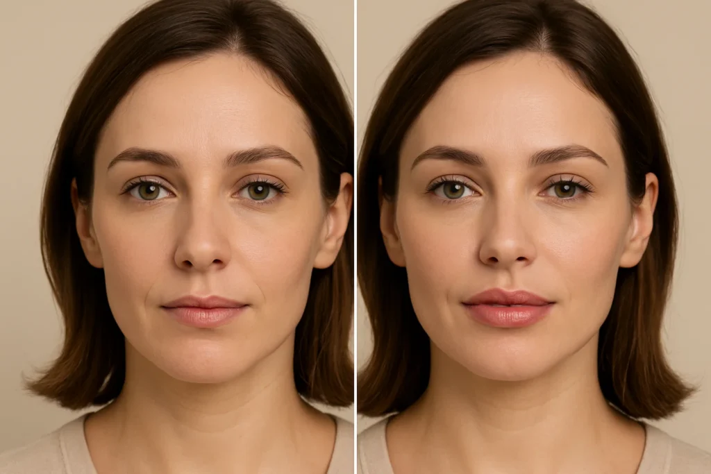 Split comparison showing natural lip enhancement transformation with improved volume and definition after filler treatment