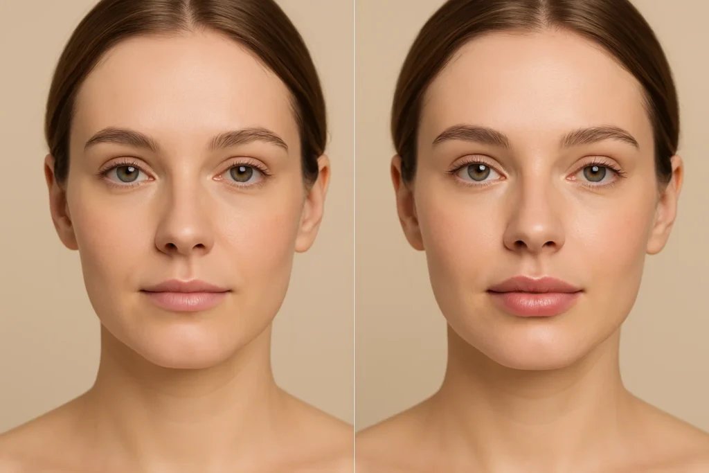 Woman's face showing lip enhancement results, comparing natural lips with fuller augmented lips after hyaluronic acid filler treatment