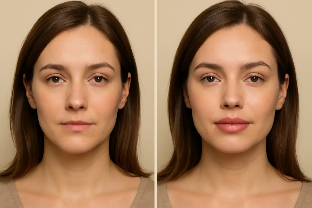 Side-by-side comparison of woman showing lip transformation from thin to enhanced volume after permanent augmentation