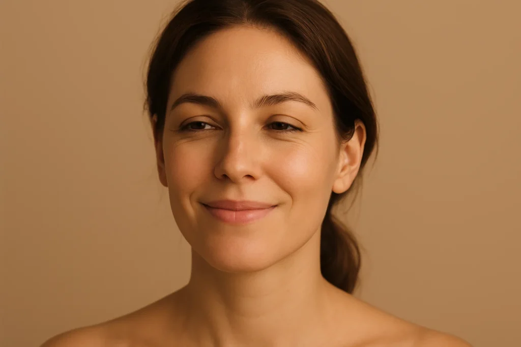 Satisfied woman with natural balanced lips after dissolution treatment, content expression, warm beige background