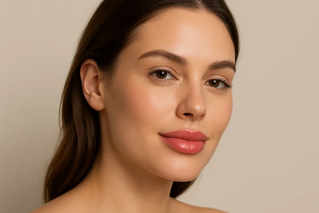 Woman showing multiple benefits of lip enhancement including improved volume, definition, and reduced perioral lines