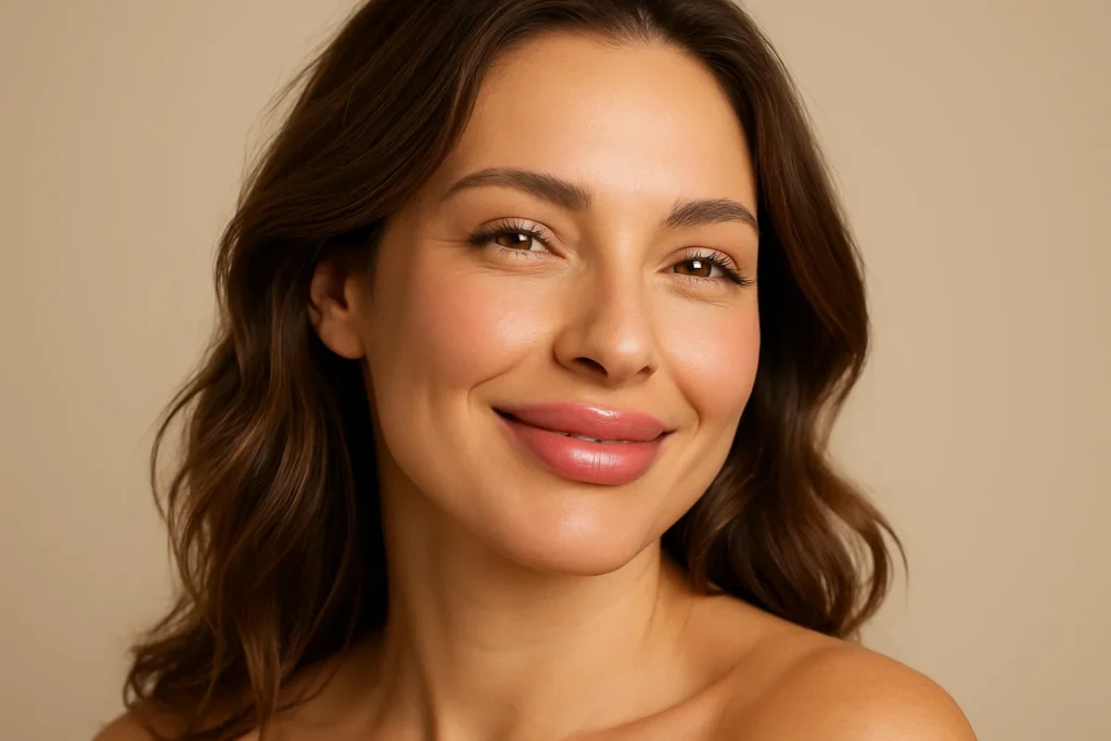Happy woman with enhanced lip volume demonstrating benefits of permanent lip filler treatment results