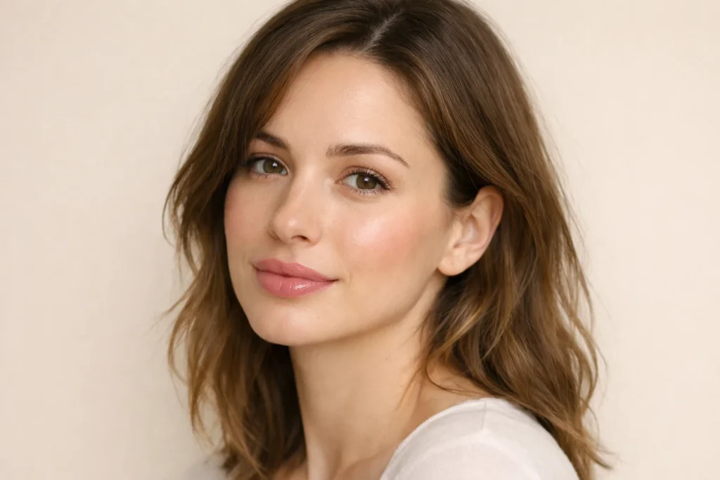 Woman with hydrated and natural lips on a pale beige background showing treatment benefits.