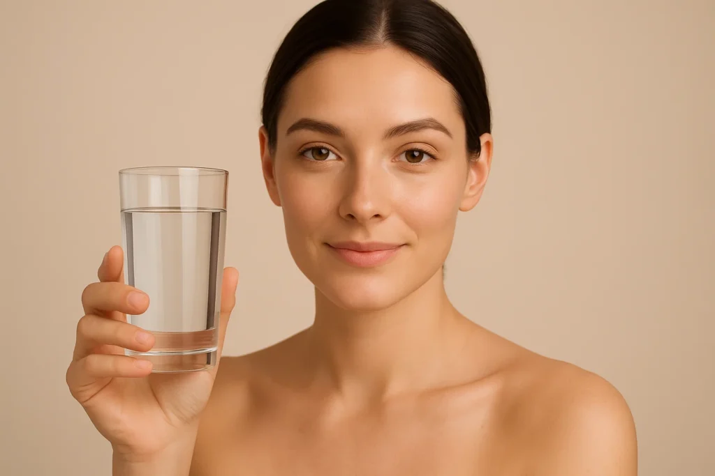 Model looking at the camera, holding a glass of water, illustrating the importance of hydration for recovery on a plain background.