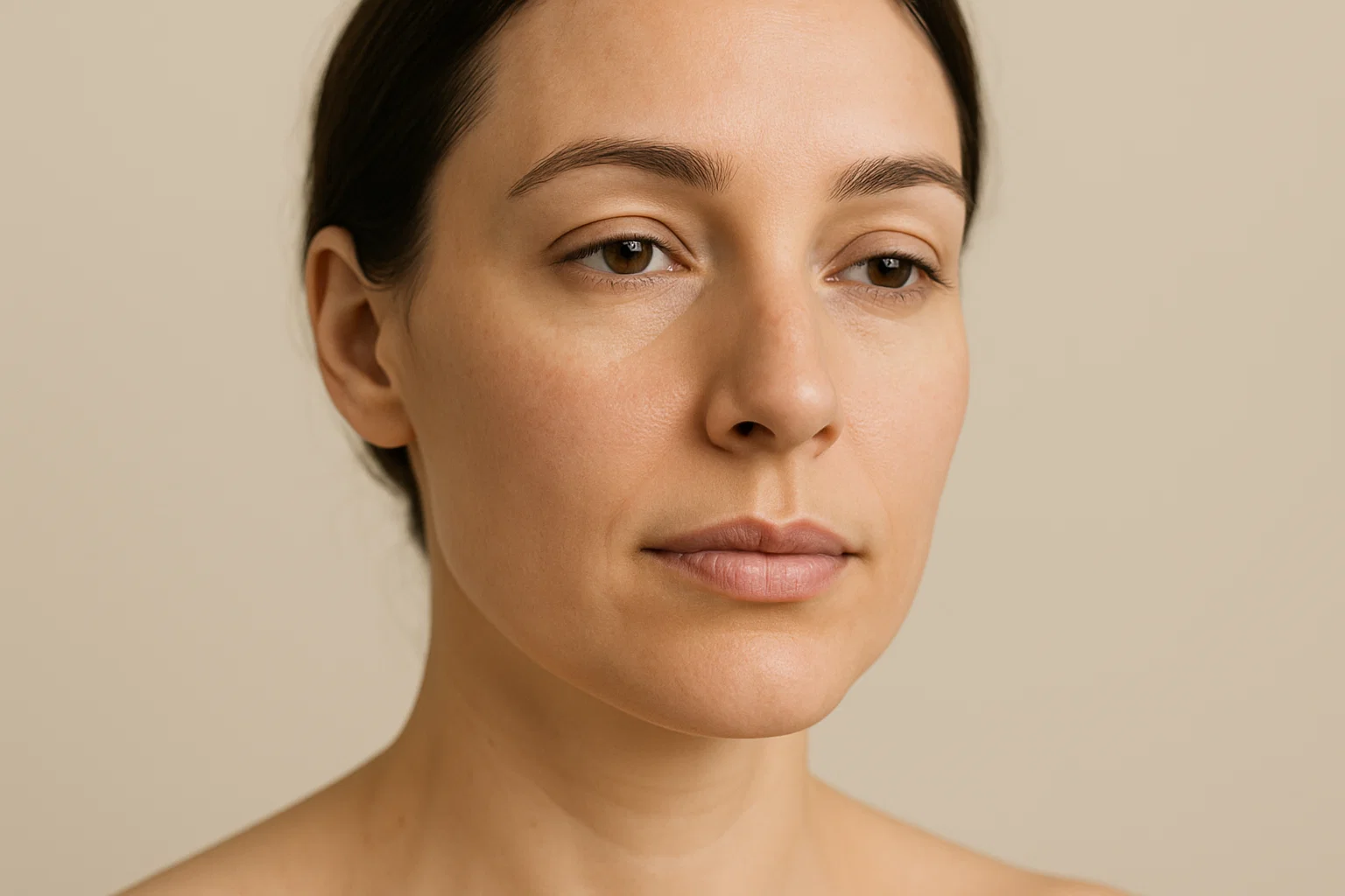 Woman with natural lips after filler dissolution treatment in London, peaceful expression, pale beige background