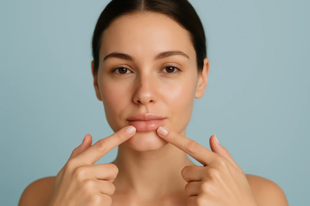 Photo of a woman looking calmly at the camera, emphasizing proper aftercare to prevent lip filler migration.