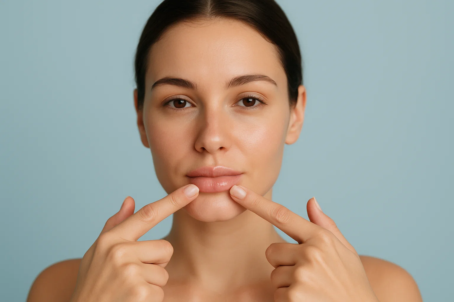 Photo of a woman looking calmly at the camera, emphasizing proper aftercare to prevent lip filler migration.