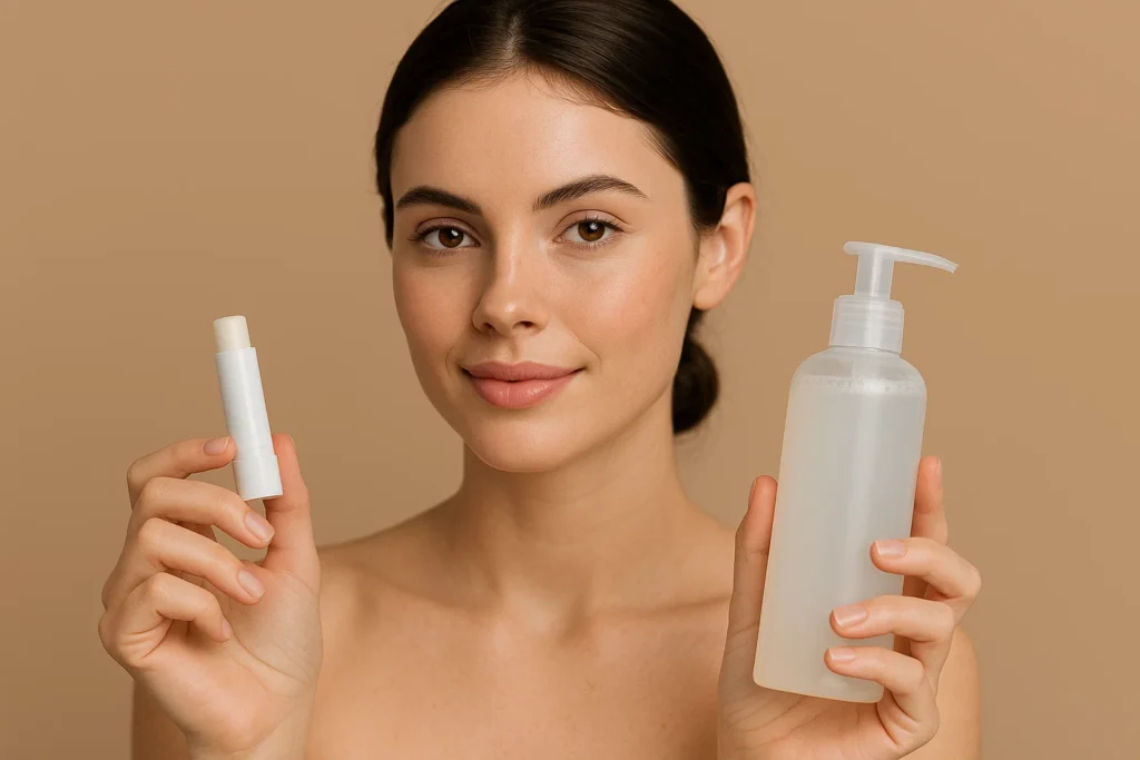 Model looking at the camera, holding gentle skincare products (cleanser, balm) for post-filler hygiene routine on a monochrome background.
