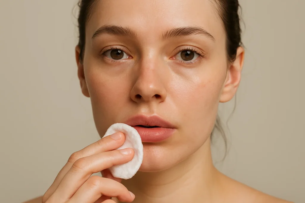 Model looking at the camera while applying a cloth-wrapped ice pack to lips on a neutral background, demonstrating immediate post-treatment steps.