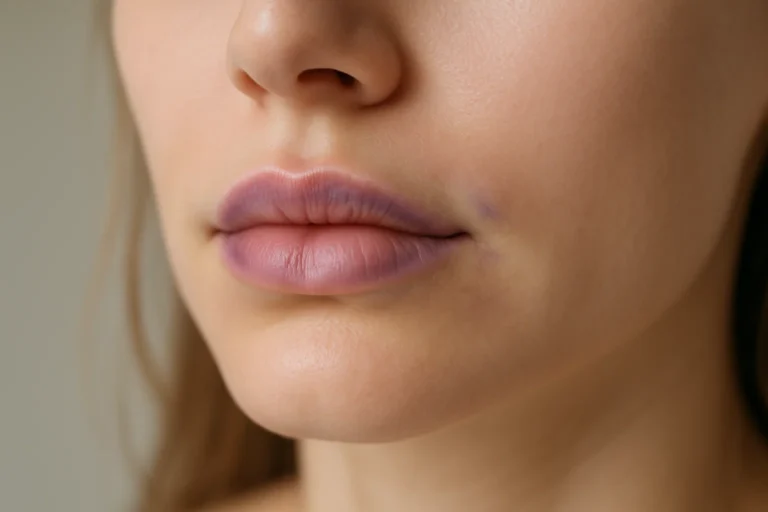Close-up photo of lips showing light bruising and swelling after filler, illustrating the healing timeline and recovery tips.