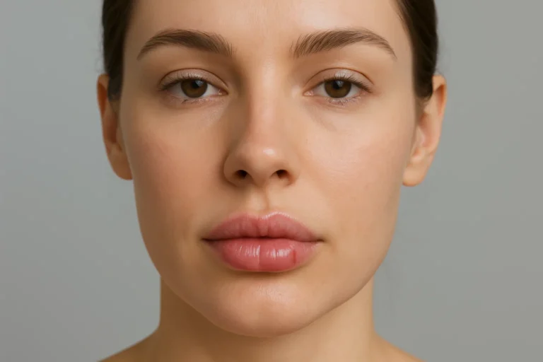 Close-up photograph of a calm model with slightly augmented lips, showing a small, subtle dermal filler lump or nodule on the lip line.