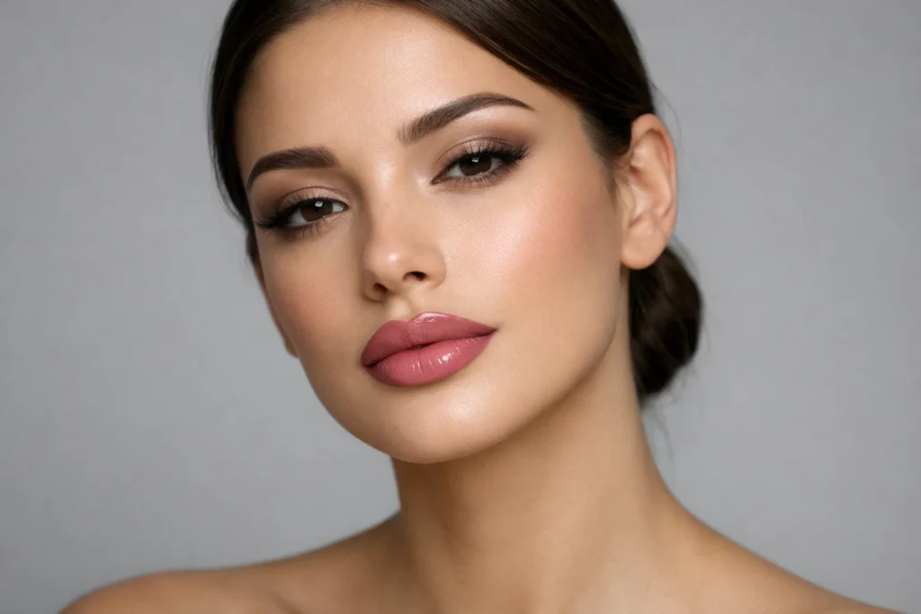 Professional model portrait for treatment process description on a soft grey background.