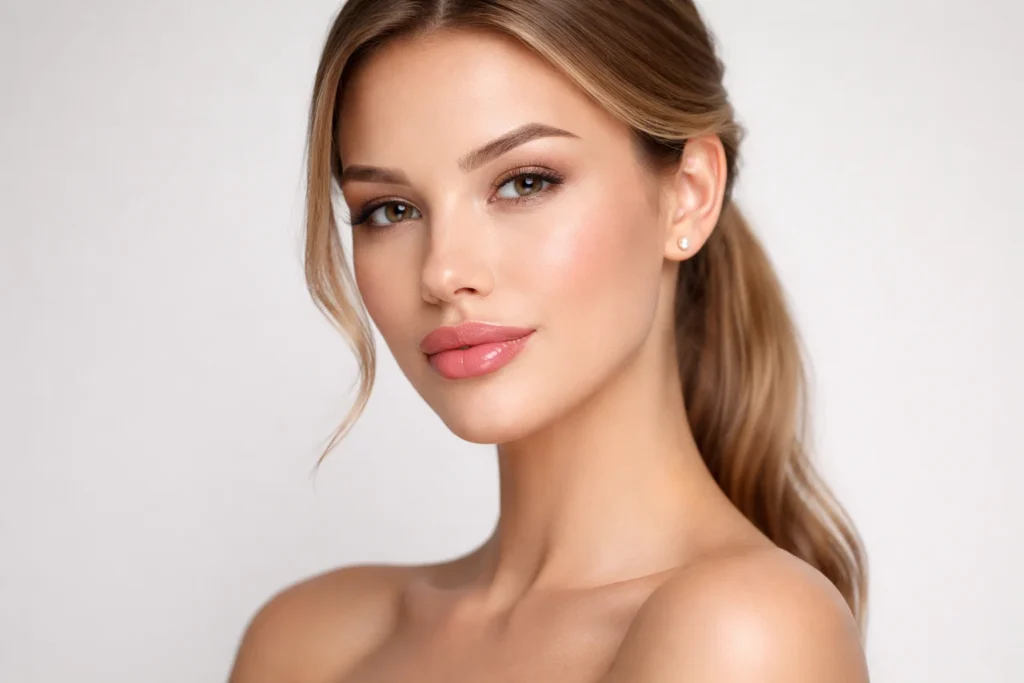 Patient demonstrating lip filler treatment process with natural enhancement results in professional clinic setting.