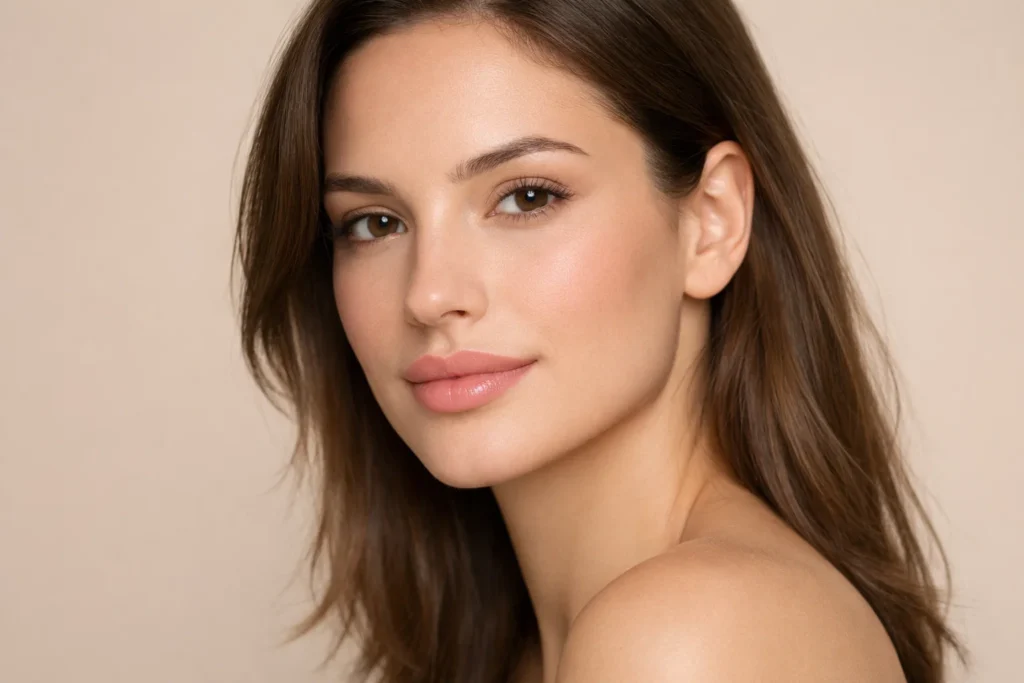 Woman with hydrated and natural lips on a pale beige background showing filler benefits.
