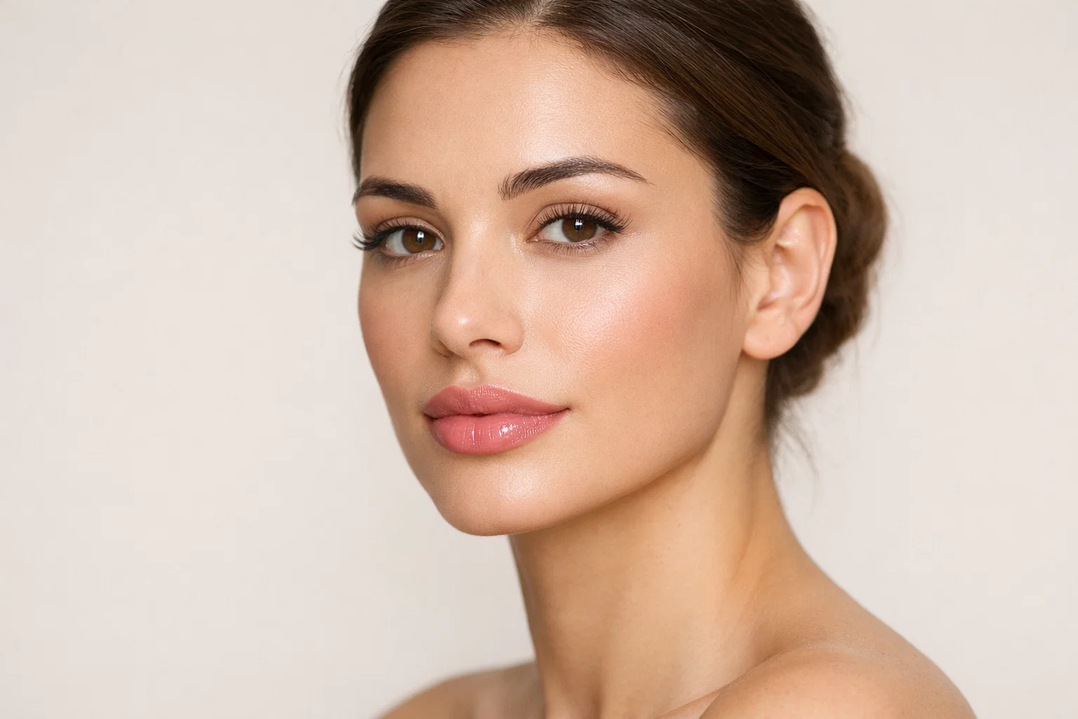 Woman with naturally enhanced lips after professional filler treatment in Chelsea clinic, medical beauty photography