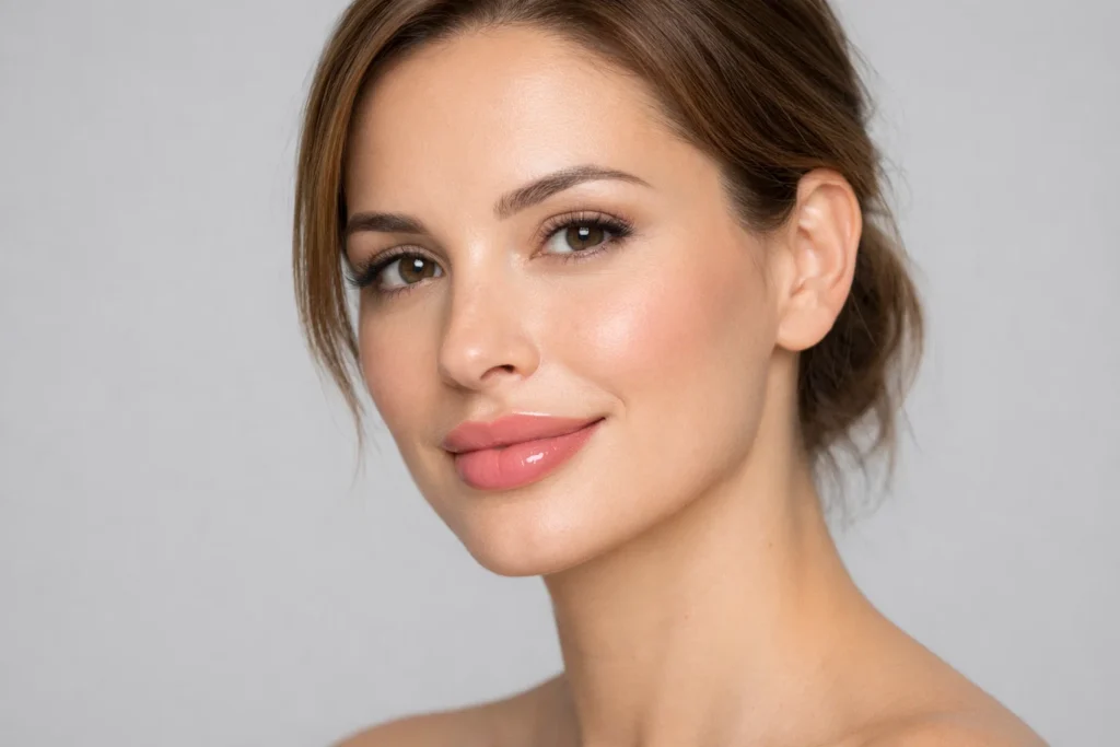Woman with natural lip enhancement results after professional filler treatment in medical clinic setting