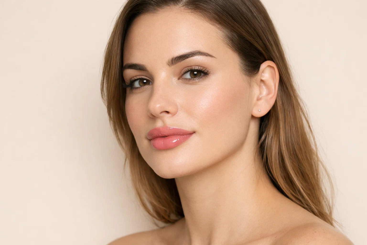 Woman with natural lip enhancement results after dermal filler treatment in professional clinical photography.