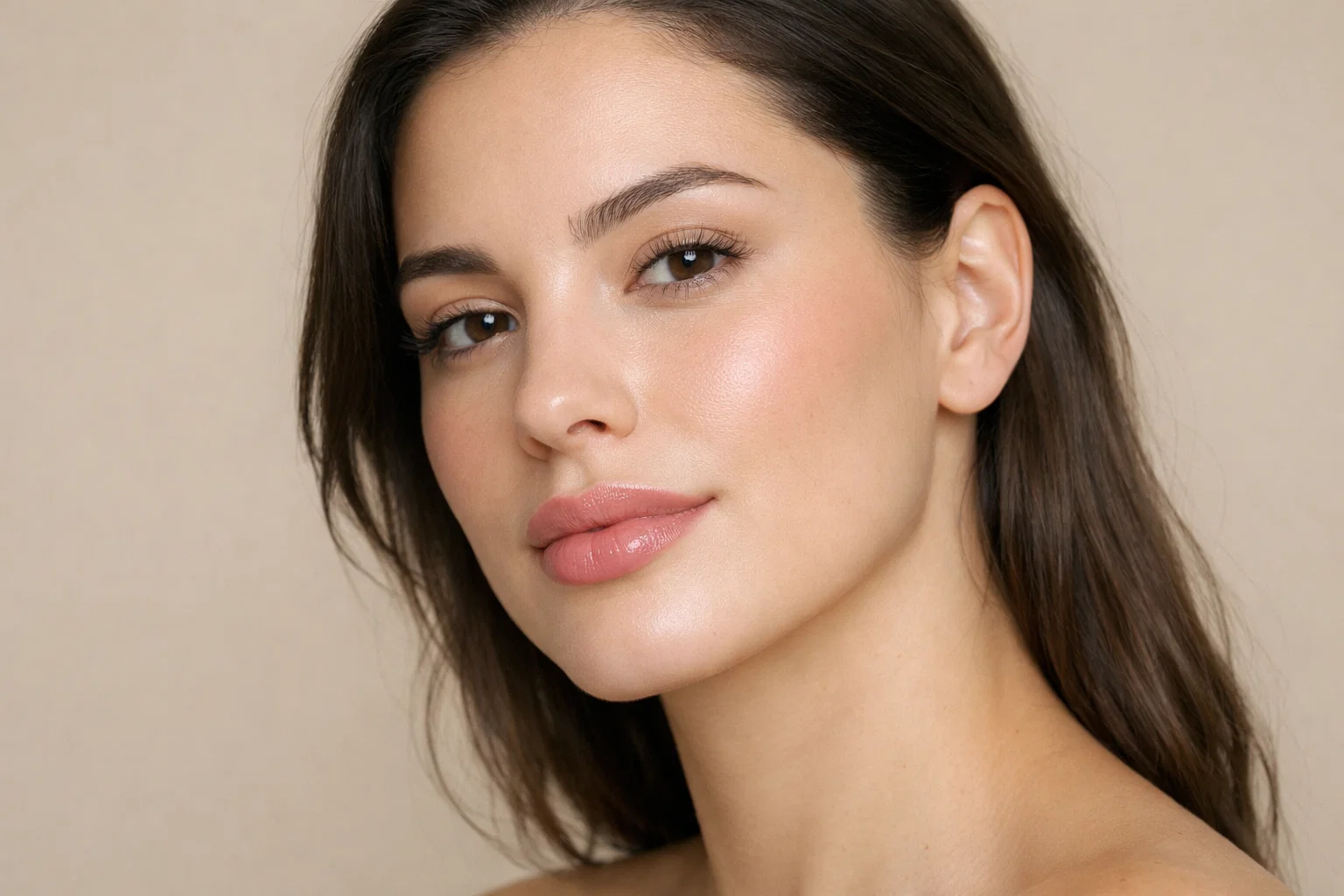 Woman with natural lip enhancement results in South Kensington clinic, professional aesthetic treatment photography.