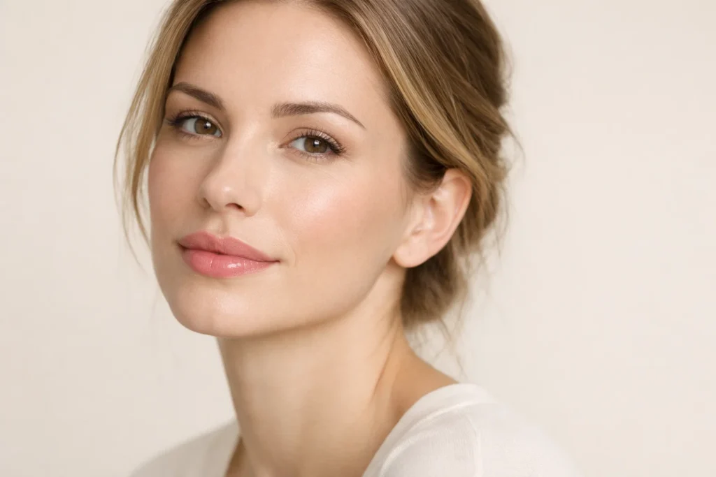 Woman with natural lip enhancement results after professional filler treatment in Knightsbridge aesthetic clinic