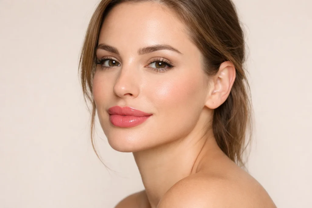 Woman with naturally enhanced lips after professional lip filler treatment in Marylebone clinic, medical aesthetic result.