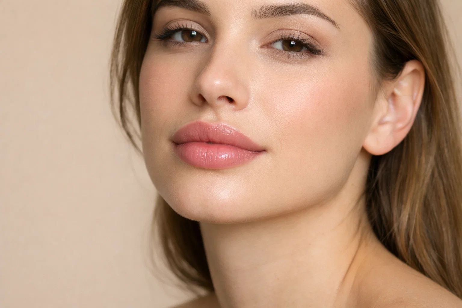 Woman with naturally enhanced lips after professional lip filler treatment in Westminster clinic, medical aesthetic result.