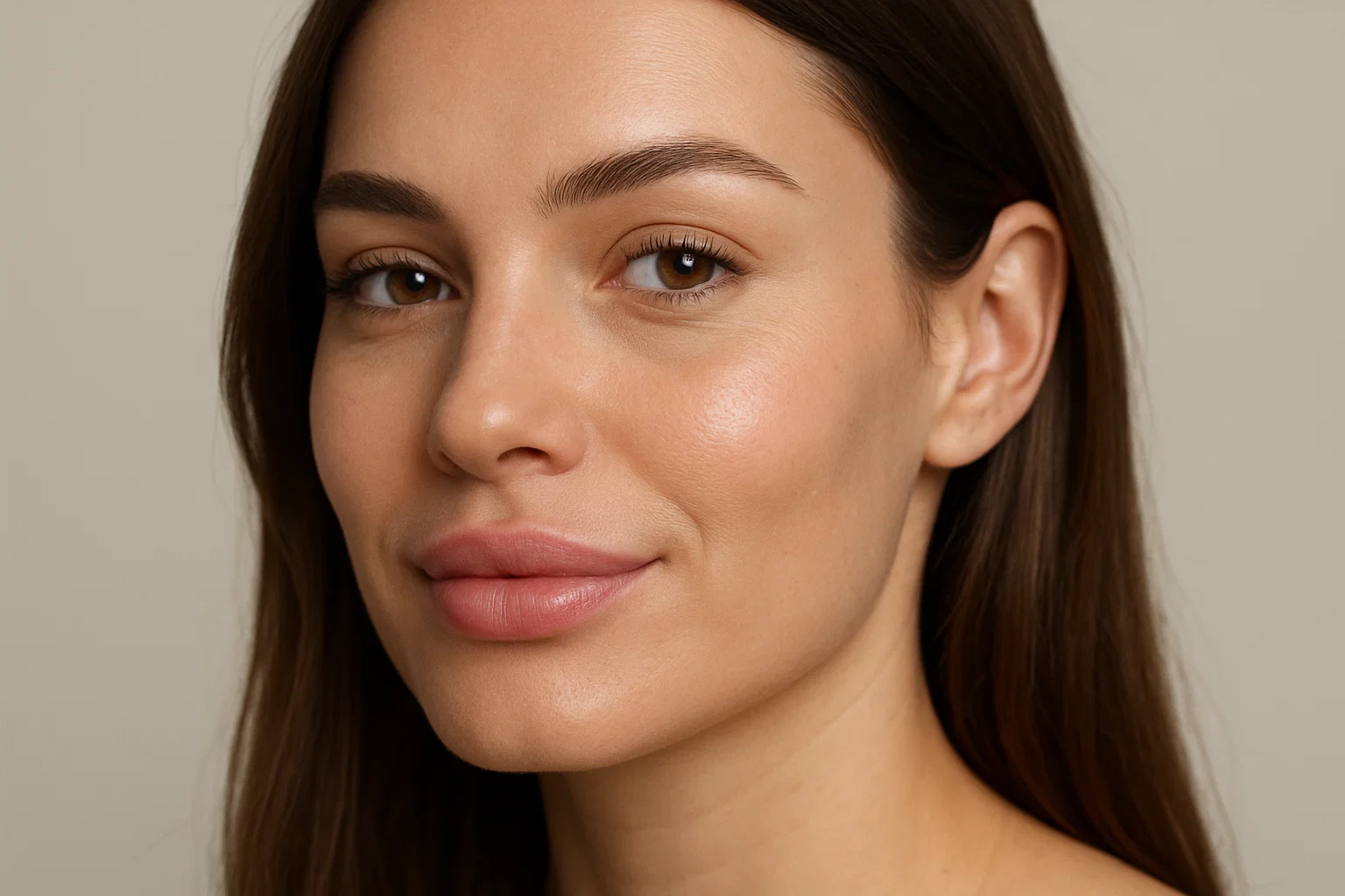 Realistic portrait of a woman showing subtle migrated lip filler and a gentle smile, looking at the camera at an angle.