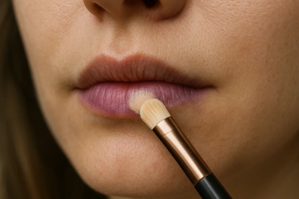 Close-up of a color-correcting concealer being applied near the lip line to safely cover and conceal bruising.