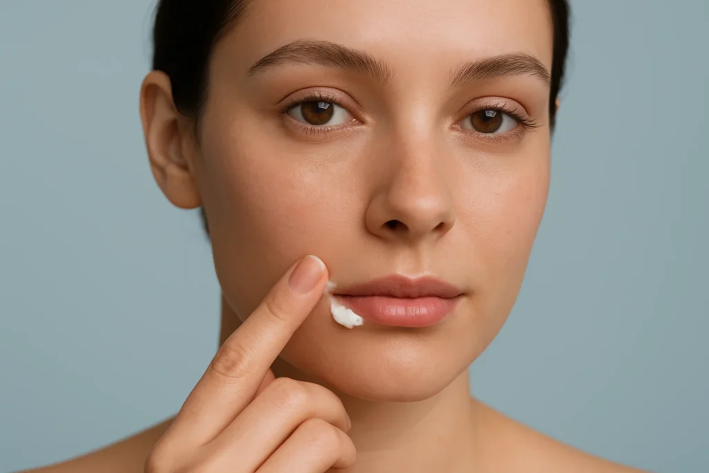 Model calmly looking at the camera while applying Arnica cream to manage bruising and swelling, shot against a clean, single-color backdrop.