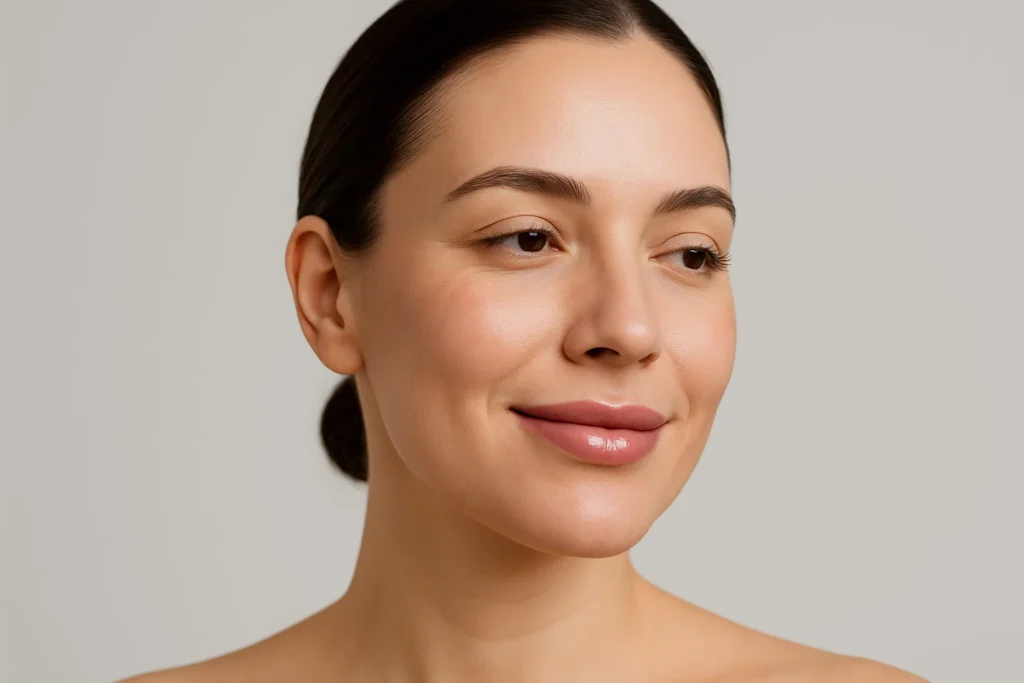 Professional photo of a model with a confident smile, illustrating positive outcomes from lip filler prevention strategies.