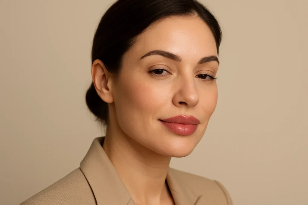 Professional woman displaying results of permanent lip augmentation for pricing consultation overview