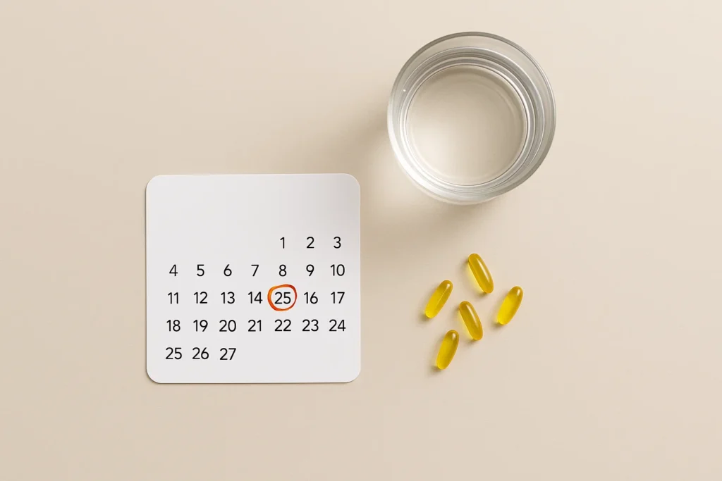 Flat lay showing supplements and a calendar, symbolizing steps to prevent or minimize bruising before a lip filler appointment.
