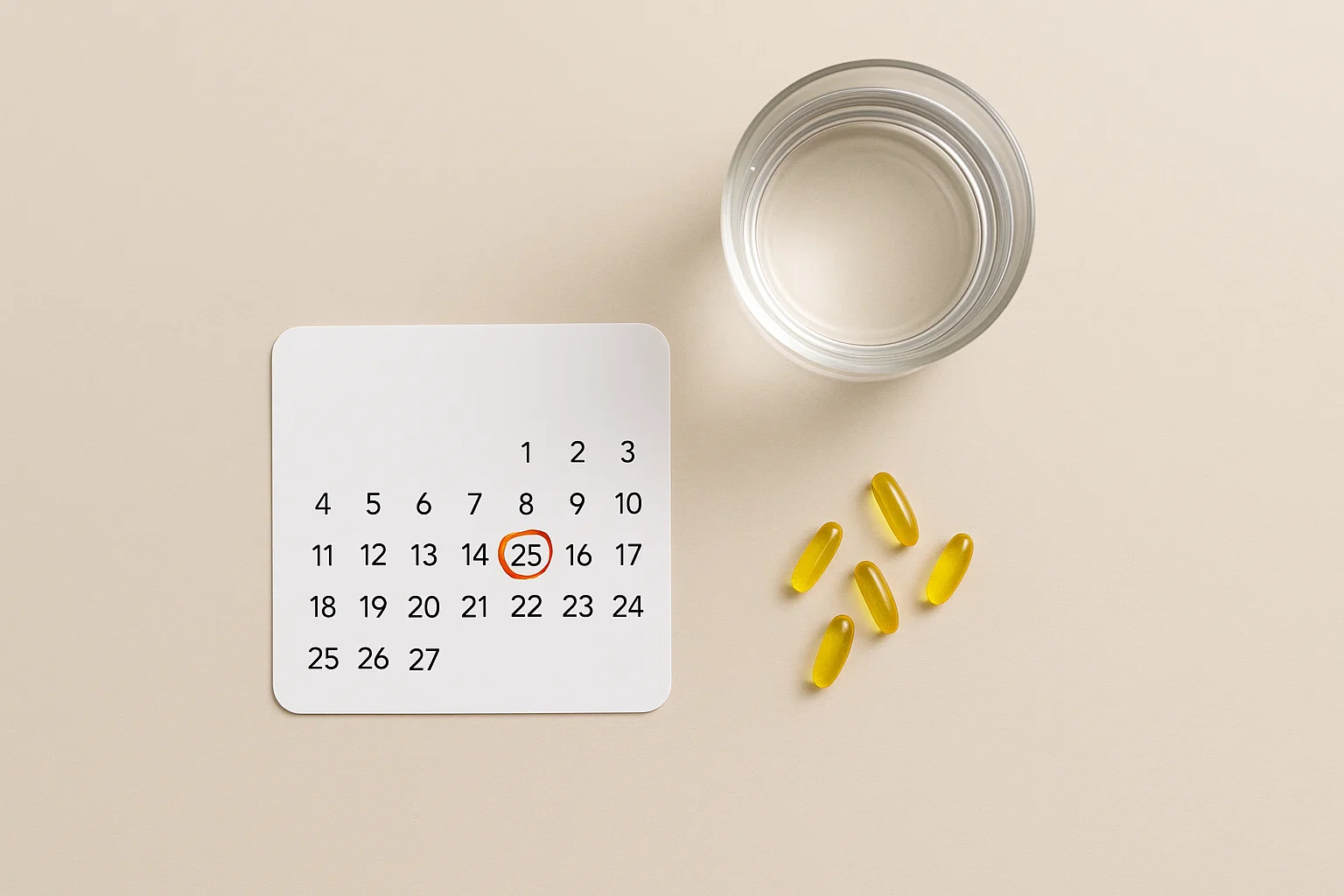 Flat lay showing supplements and a calendar, symbolizing steps to prevent or minimize bruising before a lip filler appointment.
