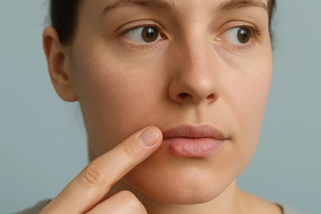 Detailed image showing a model gently touching a potential lump area on their lip, representing symptom recognition.