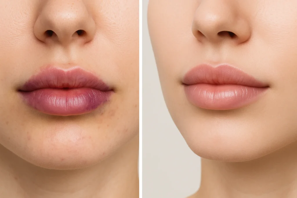 Visual comparison of lips showing both initial swelling/bruising and the final healed result, illustrating what to expect.