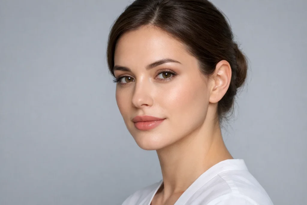 Woman displaying professional lip filler treatment results in clinical photography setting.