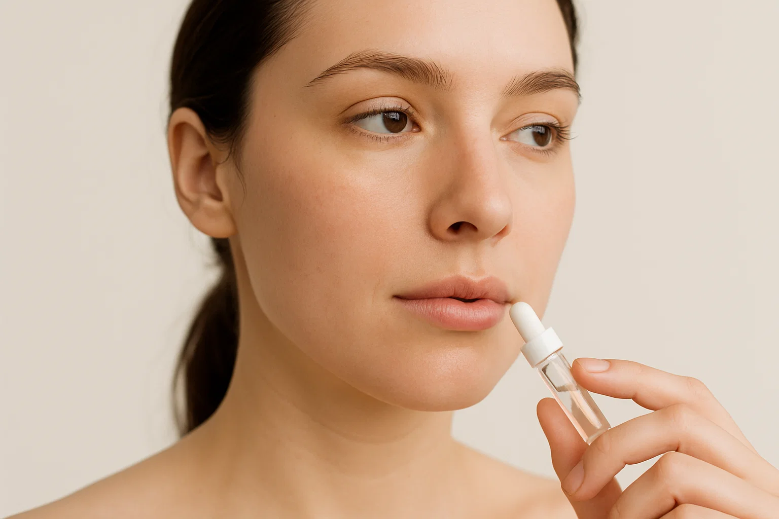 Realistic photo of a model holding a small vial near their lips, symbolizing treatment and dissolving filler nodules.