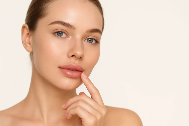 Close-up realistic photo of a woman with lip fillers, showing subtle swelling and icons for aftercare tips like hydration and rest.