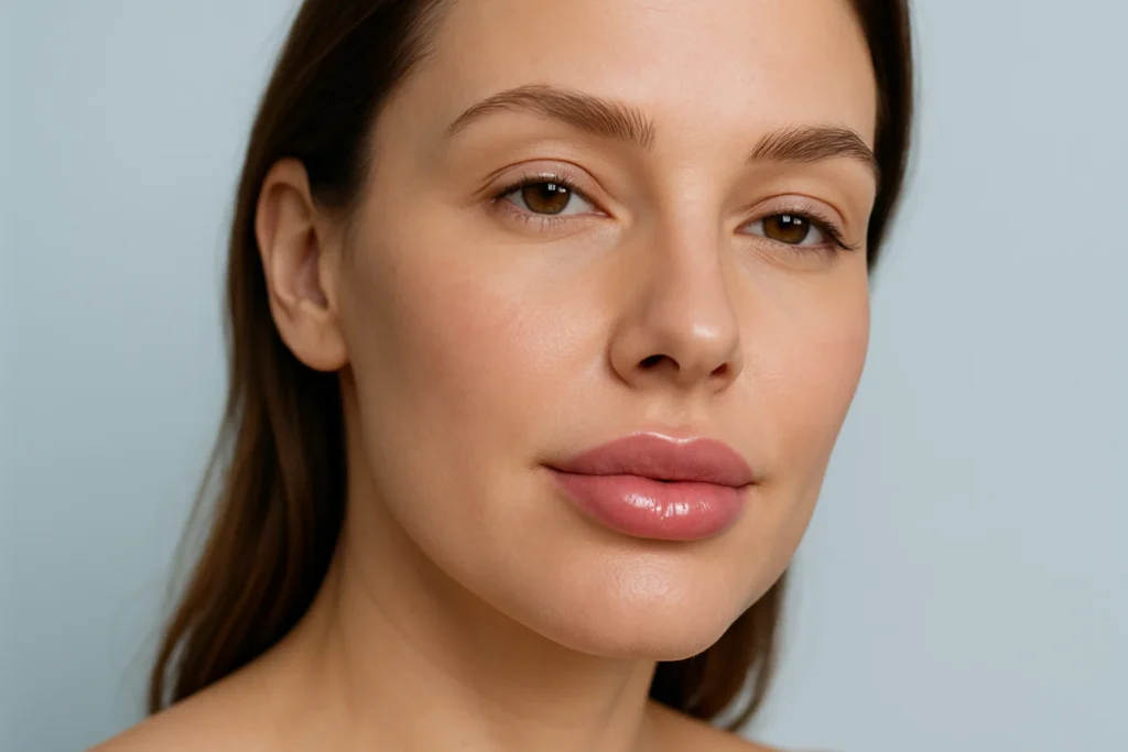 Close-up of naturally enhanced lips demonstrating hyaluronic acid filler integration with smooth, defined contours